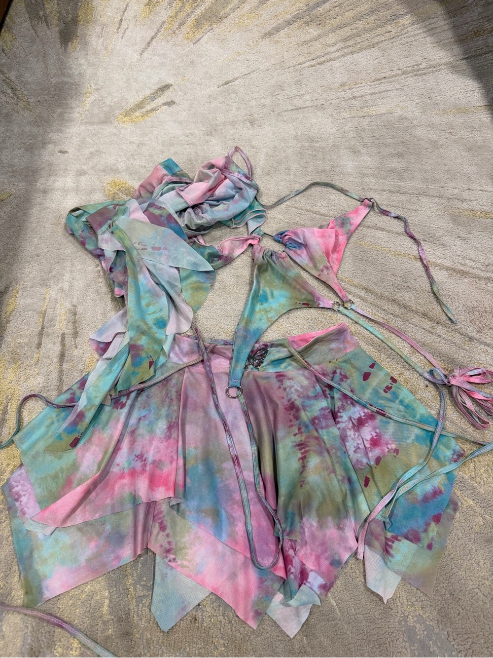 Muineobuka Y2K Rave Festival 3 Piece Mesh Tie Dye Skirt Set Size L - Picture 3 of 8